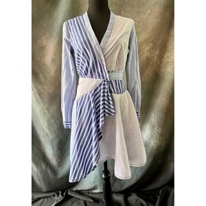 Maeve Anthropologie Blue White Striped Wrap Dress Long Sleeve US 0